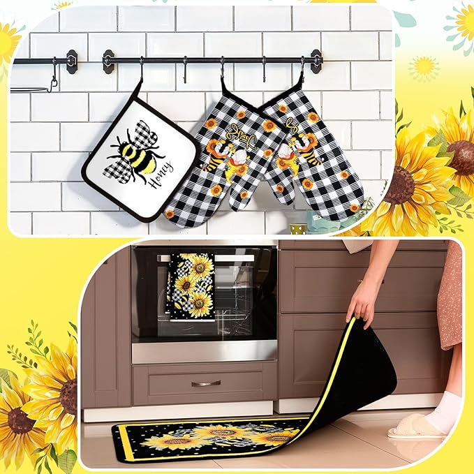 10 Pcs Bee Kitchen Decor Sunflower Oven Mitts and Pot Holders Set Yellow Bee Dish Towels Rugs Mats Buffalo Plaid Kitchen Accessories for Chef Baking Cooking Grilling BBQ Women Home Gift