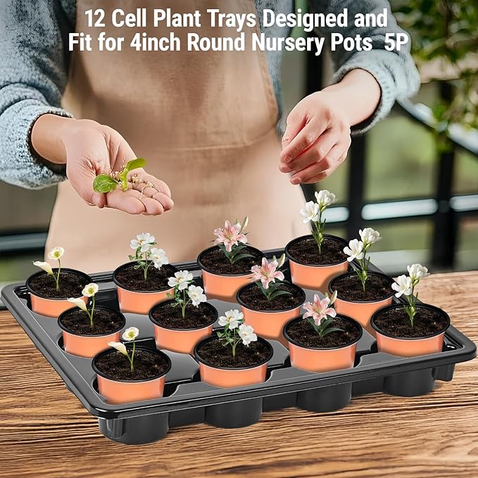 Sckee 12 Cell Round Nursery Pots Trays, Flower Pot Moving Tray, Nursery Pot Tray Plastic Planting Pot Carrying Trays for Moving Nursery Pot (17.2"×13.2"×2.5", 5PCS for 4'' Pots)