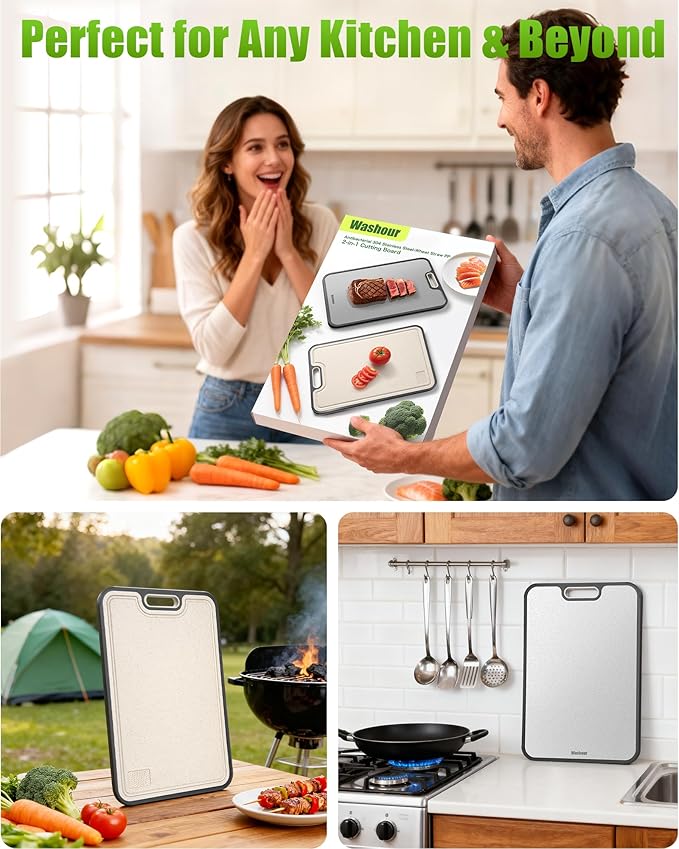 Stainless Steel Cutting Boards for Kitchen, Non Toxic 2-in-1 Cutting Board Double Sided, Food Grade Chopping Boards for Fresh Meat Vegetable, Easy to Clean Large Size 16”×11”
