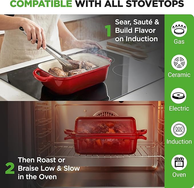 NutriChef 9x5" Enameled Cast Iron Loaf Pan with Lid, Enamel-Coated Baking Loaf Pan for Sourdough, Oven Safe, Nonstick Bread Pan with Silicon Gloves, Dishwasher Safe, Red
