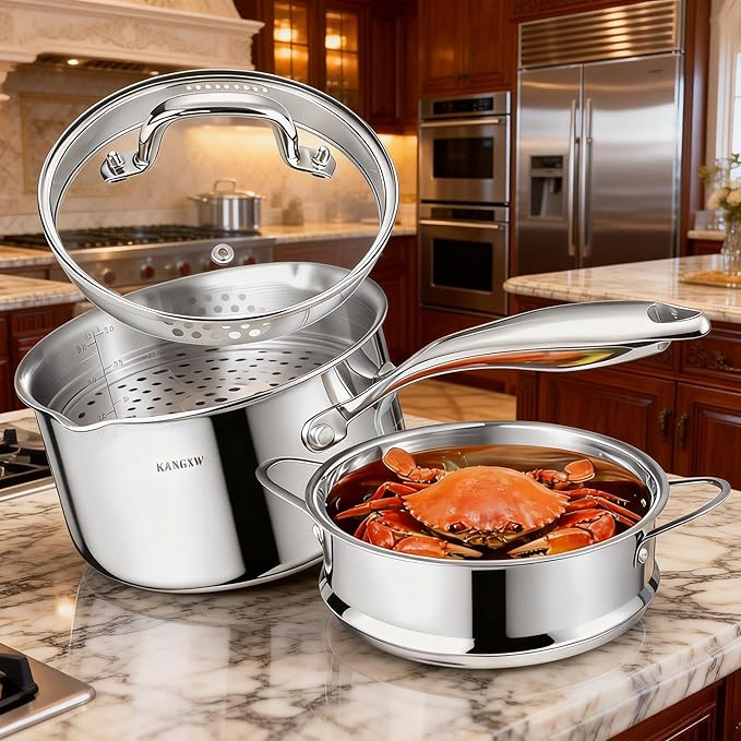 KANGXW 3.0 Quart Stainless Steel Saucepan With steamer,With Pour Spout and Filter Glass Lid Milk Pan, Sauce, Gravy, Pasta Stock Pot For All Stovetops(3.0 Quart With steamer)