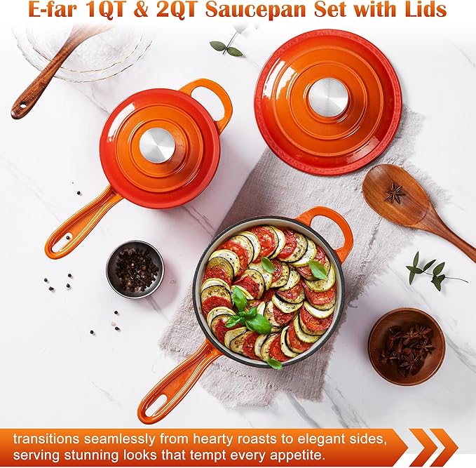 E-far Sauce Pan Set with Lid, 1Qt & 2Qt Enameled Cast Iron Pot Sets for Kitchen Cooking, Small Heavy Duty Dutch Oven Saucepans & Self-basting Lids, Induction-Ready & Easy Clean, Orange