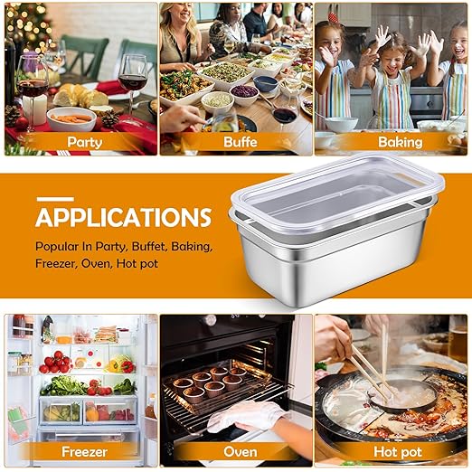 8 Pcs 304 Stainless Steel Food Storage Containers with Lid Hotel Pans for Kitchen Home Catering Food Prep Restaurant Buffet Hotel(4 Inch Deep)