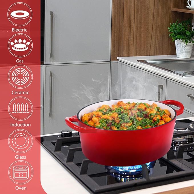 P&P CHEF Oval Dutch Oven with Lid, Enameled Cast Dutch Oven Pot for Bread Baking, Braising, Stewing, Roasting, Non-Stick & Oven Safe, Dual Handles & Easy Clean, 7QT & Red, Valentine's Day