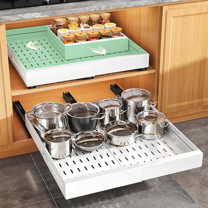 Pull out Cabinet Organizer, Expandable Width(14"-24"), Depth(13"-24") with 3 Rails, Slide Out Drawers With Raising Pad for Framed Cabinets, Fixed with Adhesive Film for Cabinets in Kitchen, White