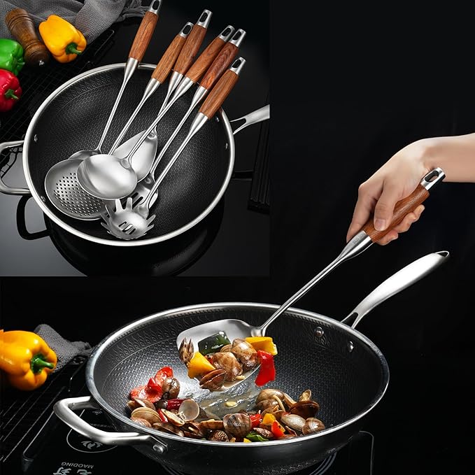 Stainless Steel Kitchen Utensils Set with Wooden Handle, 6 PCS Professional Cooking Utensils Set 15", Wok Spatula, Ladle, Skimmer, Slotted Spatula Turner, Spaghetti Spoon, Large Spoon