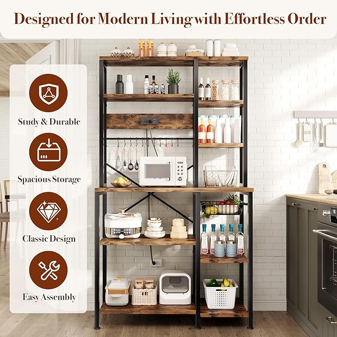 Kitchen Bakers Rack with Storage, 6-Tier Coffee Bar Station with Power Outlet, Microwave Stand with 12 S-Shaped Hooks, Open Kitchen Storage Shelves for Spices, Pots and Pans, Rustic Brown