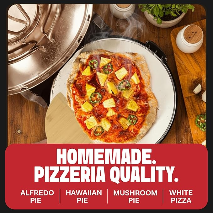 PIEZANO 12 Inch Electric Indoor Pizza Oven Heats up to 800˚F - Pizza Maker with Ceramic Stone for Crispy Crust Pizza, Cooks in Under 6 Minutes, Countertop, Dual Heat Control, Peels & Scraper Included