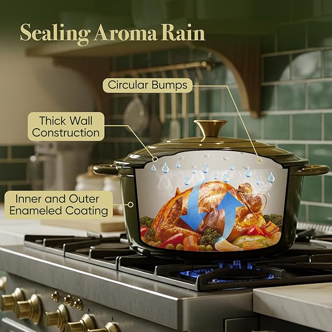 Vintage Style Oval Dutch Oven for Bread Baking, 4.5 Quart Non Stick Enameled Cast Iron Dutch Oven Pot with Lid, Oven Safe Oval Casserole with Lid up to 500°F for Baking, Braising, Stews, Roasting, Golden Green