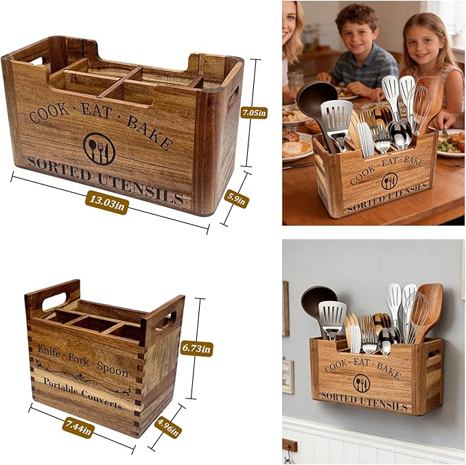 2-in-1 Upgraded Kitchen Utensil Holder for Counter or Countertop, Extra Large Utensil Holder with Removable Portable Organizer, Acacia Rustic Wooden Utensil Holder for Storage Cooking and Silverware