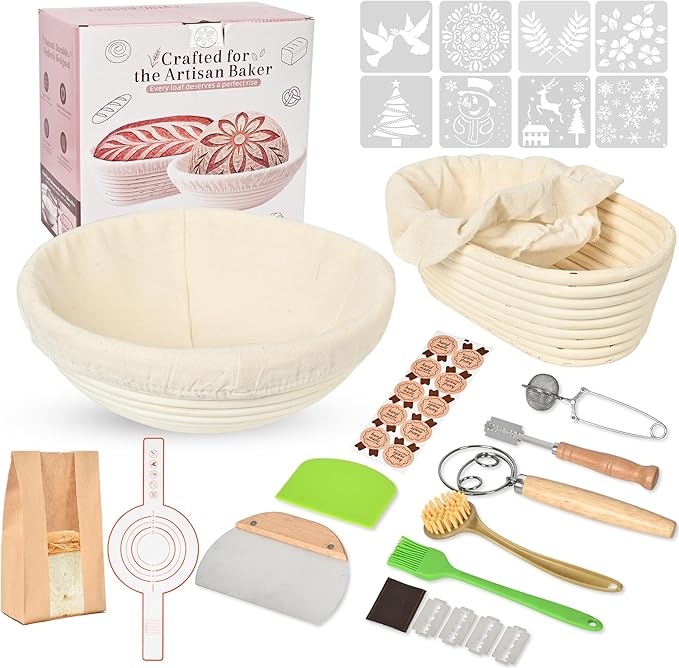 Banneton Bread Proofing Basket Set, 9" Round & 10" Oval Sourdough Bread Baking Supplies, Sourdough Starter Kit, Bread Making Tools Gift Set for Beginner Professional Bakers