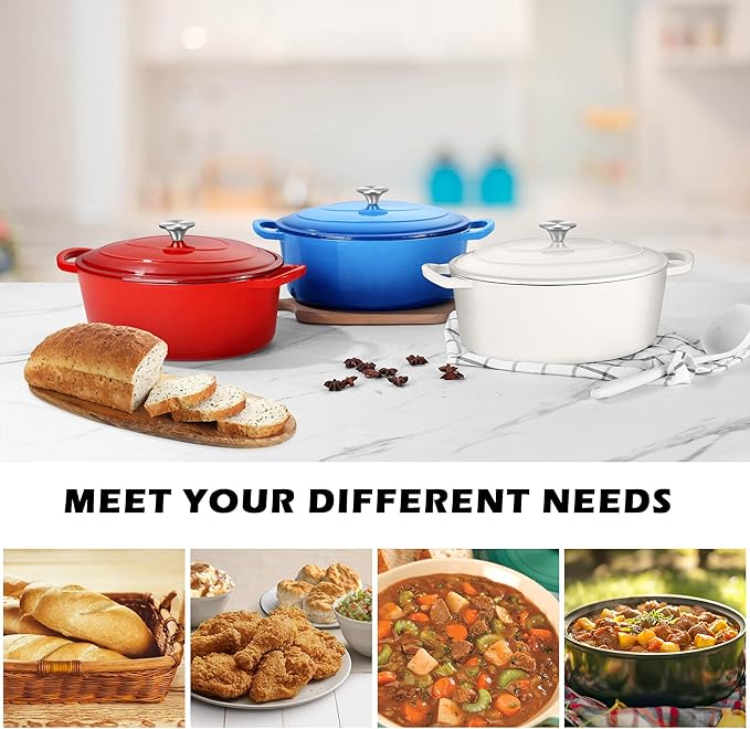 TeamFar Oval Dutch Oven, 5qt Enameled Cast Iron Dutch Oven Pot with Lid, For Bread Baking/Stewing/Braising/Frying, Suitable for Various Stoves, Non-stick & Easy Clean, White
