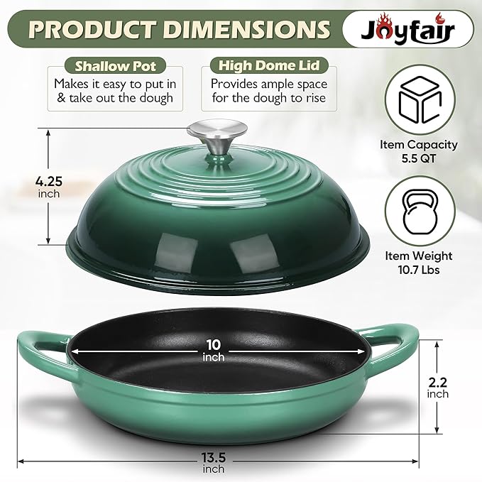Bread Dutch Oven for Sourdough Baking (5.5 QT), Joyfair Enameled Cast Iron Dutch Oven Pot with Lid, Sourdough Bread Pan with Dual Handles, Non-Stick & Even Heat, Oven-safe up to 500°F, Olive Green