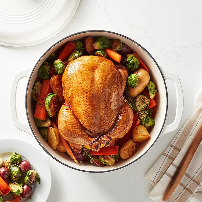 Amazon Basics Enameled Cast Iron Dutch Oven Pot with Lid, Round, Dual Handles, Heavy-Duty, Oven Safe for Stews, Roasting, Baking, 7.3-Quart, Matte White