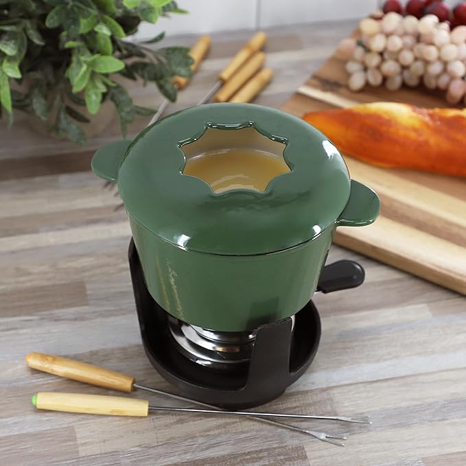 MegaChef Enameled Cast Iron Fondue Pot Set with 6 Serving Forks – Perfect for Chocolate, Cheese, and Snack Fondue, Vibrant Green Cookware