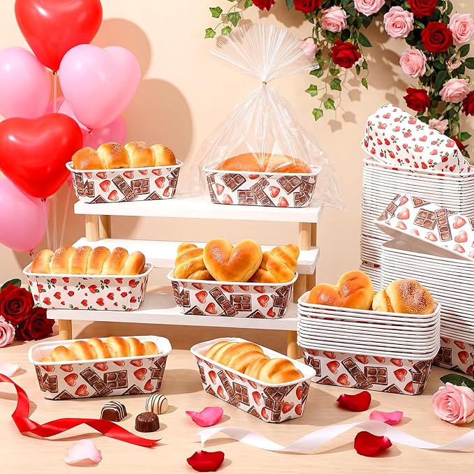Honeydak 100 Sets Mini Loaf Baking Pans Bulk Paper Loaf Pans for Baking 6.3 x 2.2 x 2.2 in Romantic Disposable Serving Tray Heart Rose Chocolate Pattern Party Supplies (Valentine)
