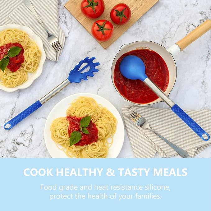 Silicone Kitchen Utensils Set - 28 Pieces Cooking Utensils Set Non-Stick Heat Resistance Silicon with Stainless Steel Handle - Blue