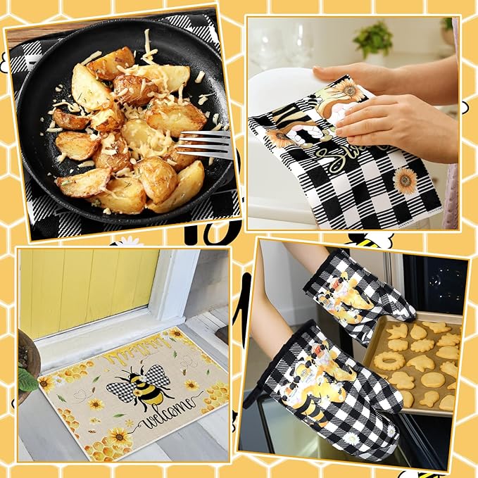 10 Pcs Bee Kitchen Decor Sunflower Oven Mitts and Pot Holders Set Bee Dish Towels Rugs Mats Buffalo Plaid Farmhouse Kitchen Accessories for Chef Baking Cooking Grilling BBQ Women Home Gift