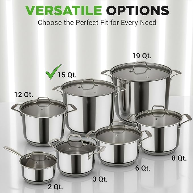 NutriChef 15-Quart Stainless Steel Stock Pot with Tempered Glass Lid - Induction Compatible Large Stockpot, Ideal for Stews & Soups, Dishwasher Safe - NCSP16