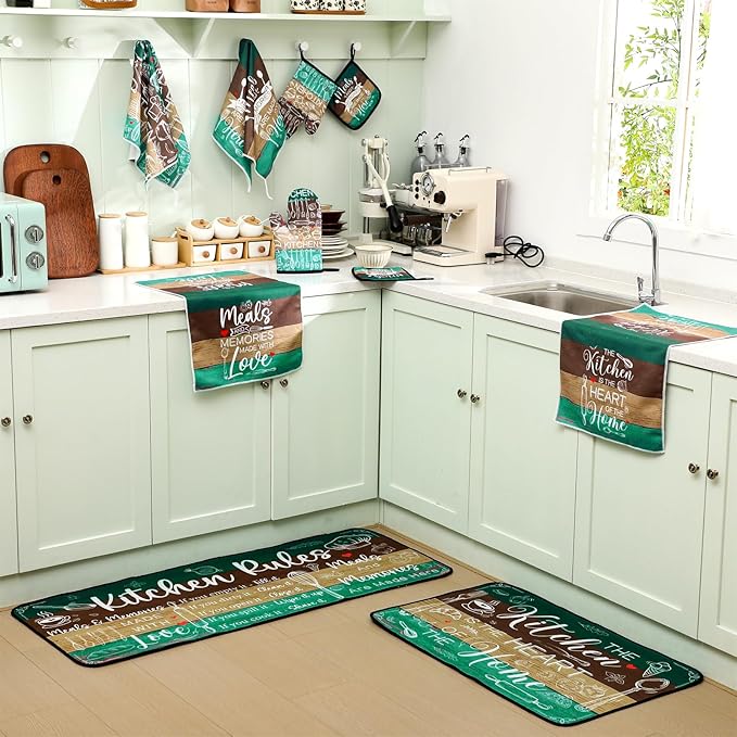 10 Pcs Farmhouse Kitchen Decor Teal Oven Mitts and Pot Holders Sets Vintage Kitchen Dish Towels Rustic Pattern Oven Gloves for Home Decorations Baking Cooking Birthday Valentines Gifts