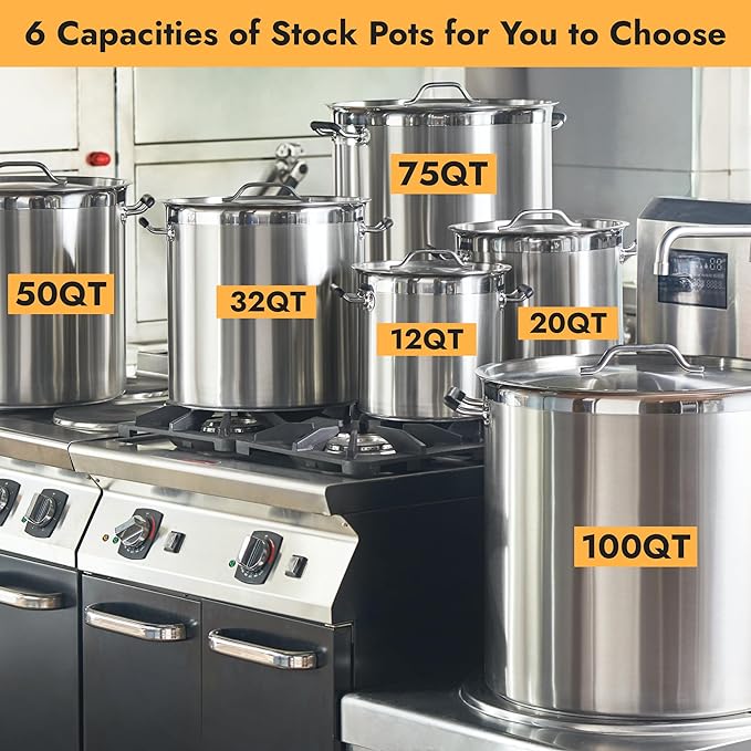 CURTA 32 Quart Large Stock Pot with Lid, NSF Listed, Induction Ready, 3-Ply Clad Base, 18/8 Stainless Steel Heavy Duty Cooking Pot, Commercial Cookware for Soup, Stew & Sauce, Riveted Silicone Handle