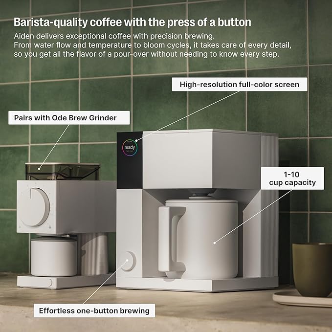 Fellow Aiden Precision Coffee Maker - 10-Cup Thermal Carafe, Built-In Brewing Guidance, Scheduling, Removable Water Tank, Matte White