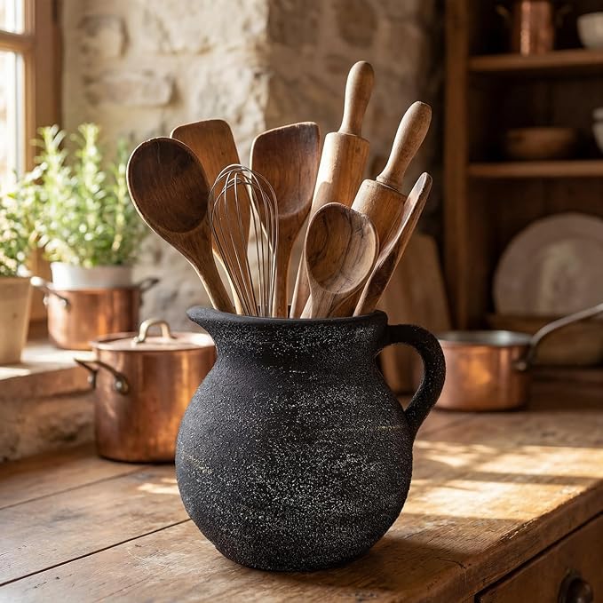Rustic Kitchen Utensil Holder with Handle,7 Inch Ceramic Vintage Utensil Crock for Countertop, Farmhouse Kitchen Decoration Ceramic Pot for Spatulas Spoons Tongs(Classic,Antique Black Gold)