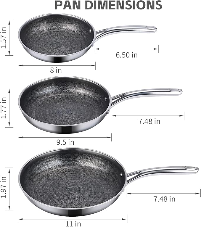 Ammeloo Tri-Ply Stainless Steel Frying Pan Set of 3, 8", 9.5", 11", Non Stick Frying Pans and Skillets, Non Toxic Hybrid Pan, Induction Compatible Cooking Pans, Chef Pan, Black Interior