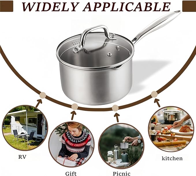 KANGXW 2.0 Quart Stainless Steel Saucepan,With Pour Spout and Filter Glass Lid Milk Pan, Sauce, Gravy, Pasta Stock Pot For All Stovetops