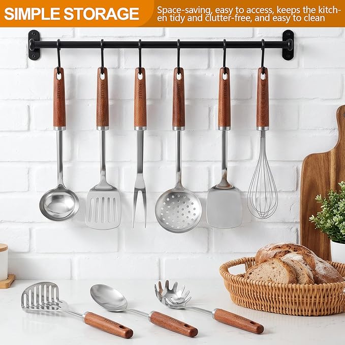 9PCS Cooking Utensils Set, 18/10 Stainless Steel Kitchen Utensils with Wooden Hanlde, Metal Cooking Utensils Set, Spatula, Ladle, Skimmer, Spaghetti Spoon, Potato Masher, Easy To Clean