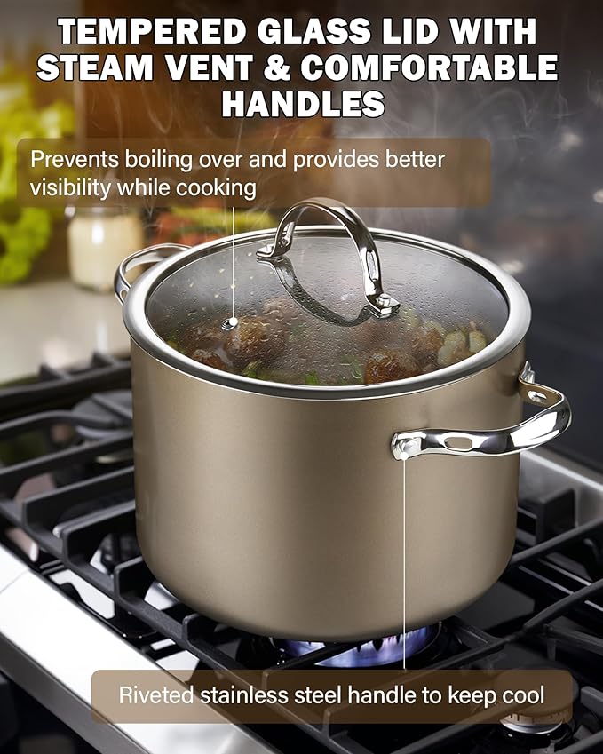 Cooks Standard Hard Anodized Ceramic Nonstick 8-Quart Stock pot with Glass Lid, Classic Induction Large Cooking Gumbo Pot, Ollas de Cocina, Bronze