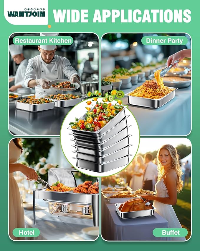 WantJoin Steam Table Hotel Pans 1/2 Half Size 2.5 Inch Deep 6 Pack, Stainless Steel Metal Tray Sets Food Storage Container for Restaurant Chafing Dishes Commercial Buffet Warmer Catering Supplies
