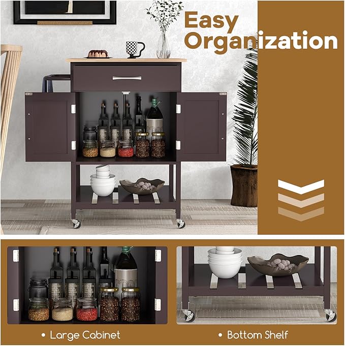 Giantex Rolling Kitchen Island Cart, Mobile Serving Cart with Drawer, 2-Door Storage Cabinet, Storage Shelf, Towel Rack, Food Prep Utility Cart on Wheels for Dining Room, Living Room (Brown)
