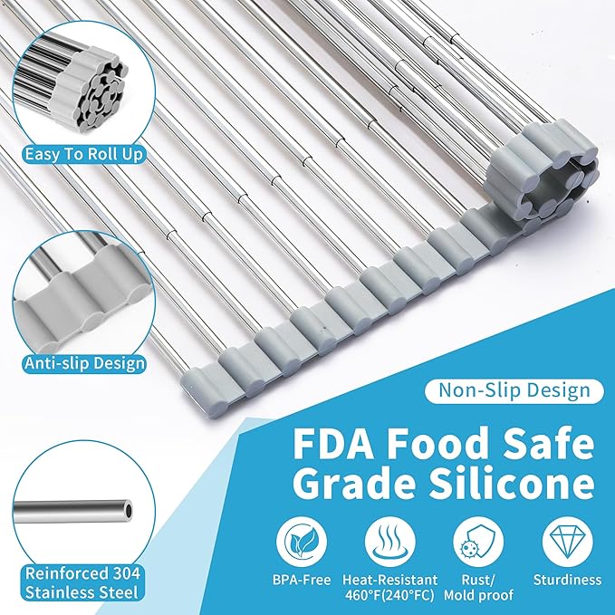 Expandable Roll-UP Dish Drying Rack-Large 304 Stainless Steel Dish Drainer Over The Sink for Kitchen Countertop,Extendable for Most Kitchen Sinks (Silver,22.08'x 13.2')