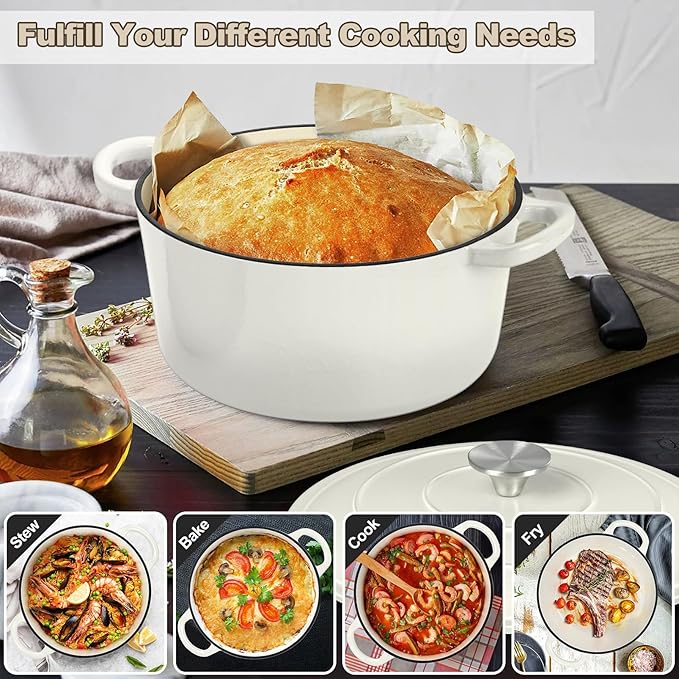 P&P CHEF 7QT Enameled Dutch Oven, Cast Iron Dutch Oven Pot with Lid for Bread Baking, Enameled Casserole Pot for Roasting Braising Stewing Frying Simmering, Various Stoves & Easy Clean, White