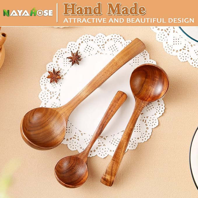 Wooden Ladle for Soup, 3Size Natural Teak Wooden Spoons for Cooking, Non-Stick Wood Spoon, Wood Cooking Spoons, Wooden Soup Spoons, Kitchen Utensils Spoons Sets
