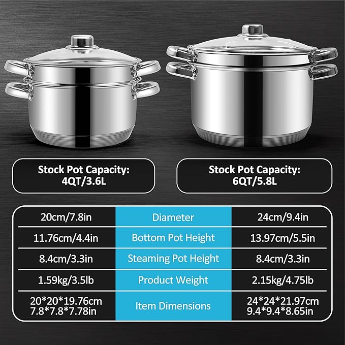 6 QT Stainless Steel Cookware Set, 3-Piece Multipurpose Stock Pot with Steamer Pot and Tempered Glass Lid, Stainless Steel Handle, Work with Gas Electric Induction Stove