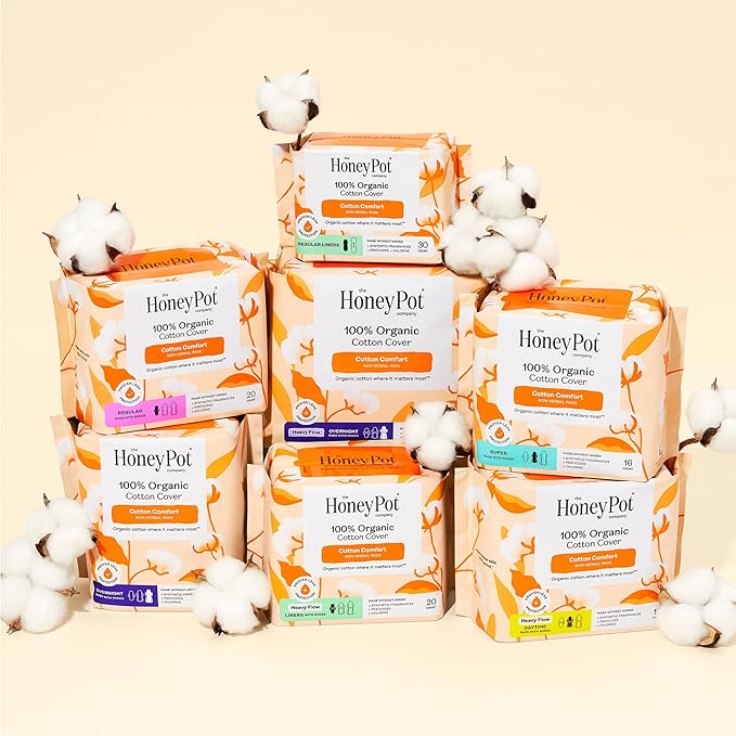 The Honey Pot Company - Sanitary Pads for Women - Non-Herbal Regular Flow w/Wings - Organic Cotton Cover & Ultra-Absorbent Pulp Core - Feminine Care - 20 ct
