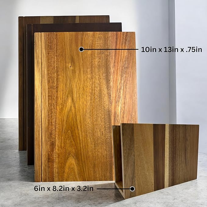 The Cutting Board Library | 100% Acacia Wood | Set of 3 Decorative Kitchen Boards with Wooden Stand | Cheese, Bread & Charcuterie Display | Statement Countertop Accent