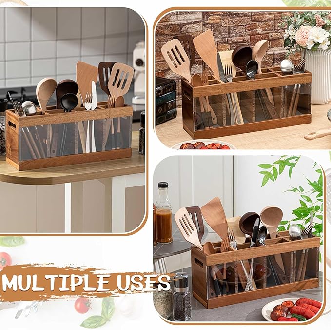 8 Compartments Large Kitchen Utensil Holder Organizer for Counter or Countertop with Absorbing Stone, Extra Large Acacia Rustic Wood Utensil Holder for Storage Cooking and Silverware