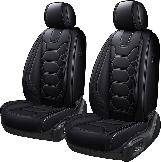 OASIS AUTO Car Seat Covers Front Seats, Sporty Honeycomb Waterproof Faux Leather Protectors, Universal Fit for SUV, Sedan, Truck Interior Accessories (OS-004 Black)