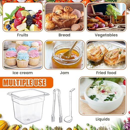 Rtteri 22 Pcs 1/6 Size Clear Plastic Pans Set: 16 Food Prep Containers & 2 Tongs & 4 Spoons for Salad Bar Buffet Restaurant Hotel Commercial Home for Fruit Vegetable Sauce Bean Corn Deli(6 Inch Deep)