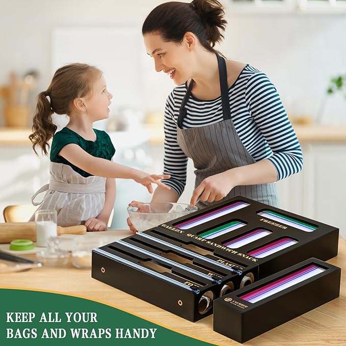 Calmbee 9-in-1 Bamboo Kitchen Organizer - Black & Multicolor Modern Minimalist Caddy with 3-in-1 Wrap Dispenser, Cutter & Bag Organizer