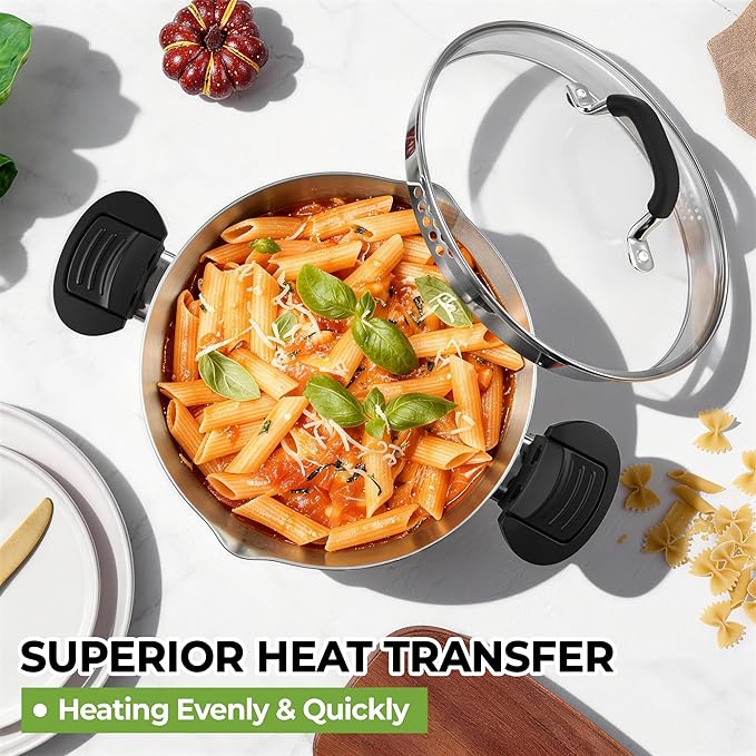 E-far Pasta Pot with Strainer Lid, 6 Quart Tri-Ply Stainless Steel Stock Pot & Push and Lock Handles, Non-toxic Multipurpose Cooking Pot for All Cooktops, Heavy Duty & Dishwasher Safe