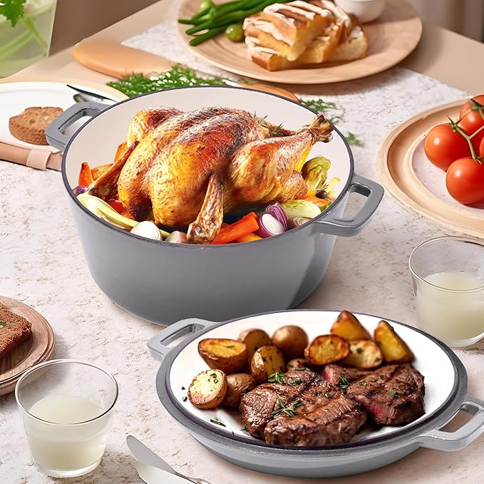 2 in 1 Enameled Cast Iron Dutch Oven Pot 6QT with 2QT Lid - Big Dual Handles - Oven Safe up to 500°F - Classic Round Pot for Versatile Cooking Grey