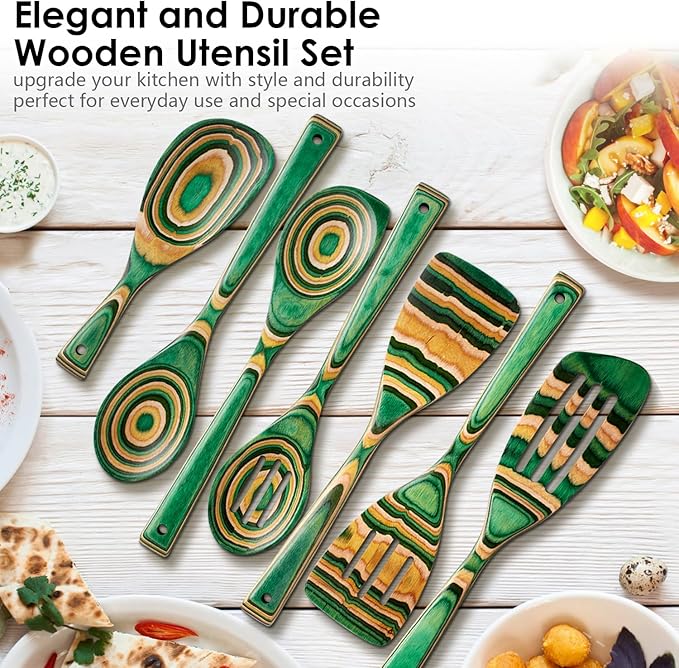 Wooden Spoons for Cooking, Pakkawood Kitchen Utensil Set Oasis Color, Premium Durable Wooden Utensils for Nonstick Cookware, Heat Resistant, Smooth Finish, Comfortable Grip, 7 Piece