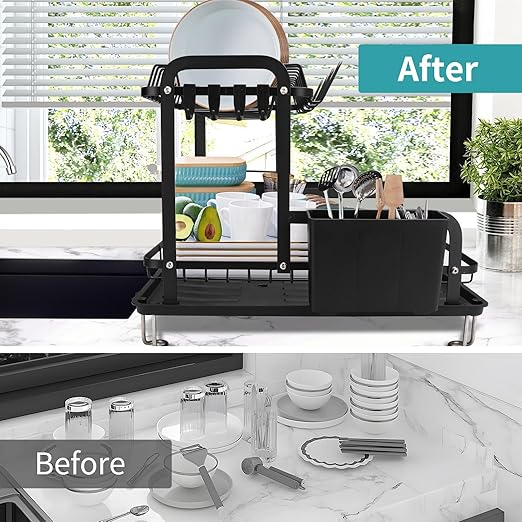 Dish Drying Rack,16.5 * 11.8 * 13.6'' 2 Tier Over The Sink Dishrack Strainer,Large Capacity W/Drainboard and Utensil Holder,Auto-draining,Non-Slip for Kitchen Counter