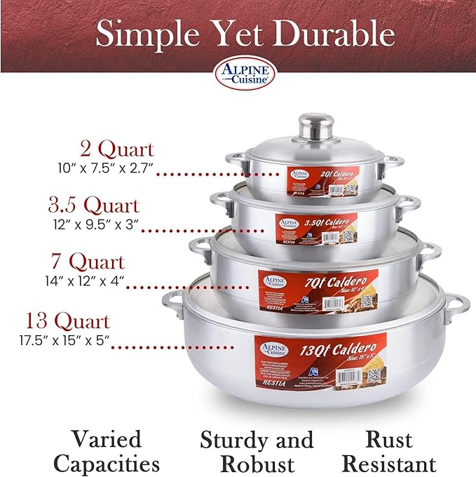 Alpine Cuisine 8-Piece Nonstick Aluminum Caldero Cookware Set with Lids | Includes 2 Qt, 3.5 Qt, 7 Qt, 13 Qt Pots | Ideal for Stews, Soups, & Rice