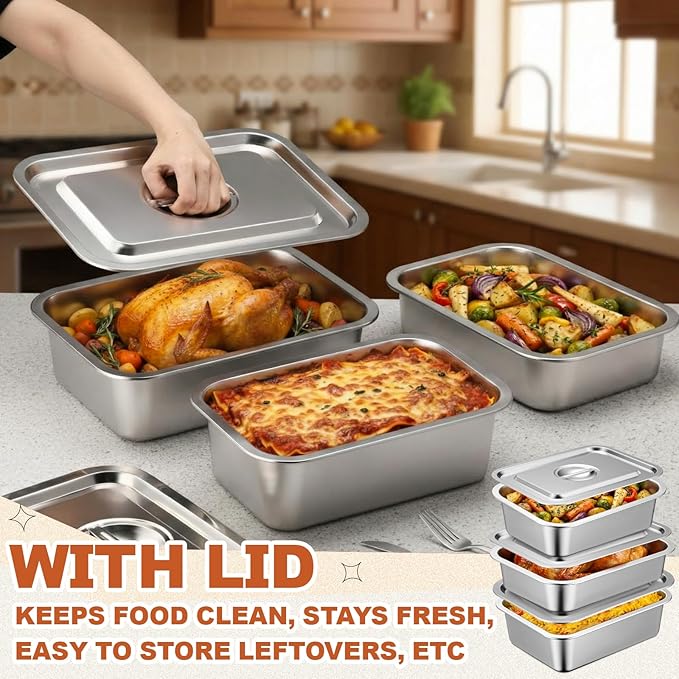 3 Pack 4 Inch Extra Deep Lasagna Baking Pan with Lid, 11"x14.2" 7.4qt & 8.6"x12.5" 4qt &11"x14.2" x 3" 5.3qt Large Stainless Steel Nonstick Lasagna Roasting Pans Set, Baking Dishes for Oven