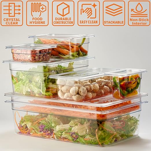 CURTA 6-Pack 1/9 Size 4" Deep NSF Polycarbonate Food Pans | Dishwasher & Freezer Safe Clear Container for Prep Tables, Buffet, Salad Bar, Commercial & Home Kitchen
